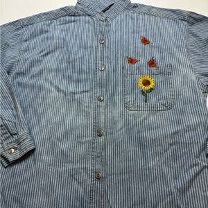Faded Glory Blue Striped Shirt with Sunflower and Butterfly Embroidery
